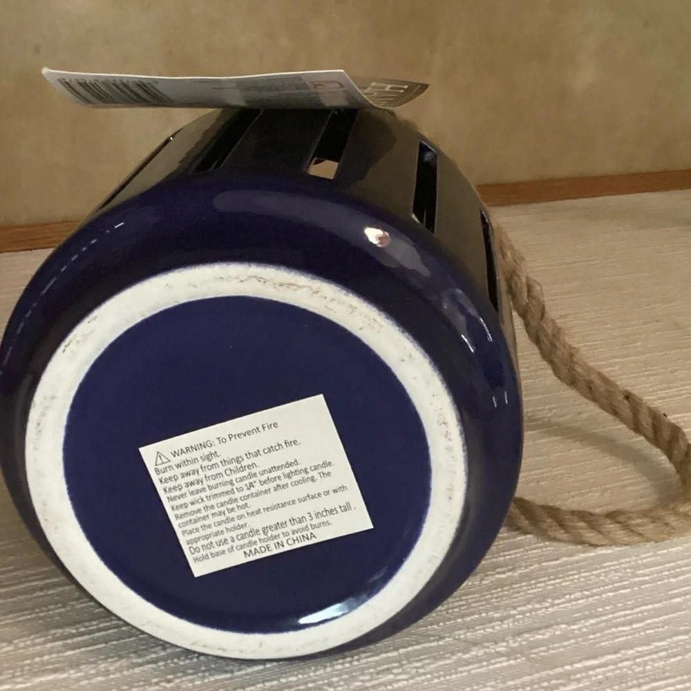 NEW Hampton Bay 6.5 in. Outdoor Patio Ceramic Table Lantern with Rope Handle NWT